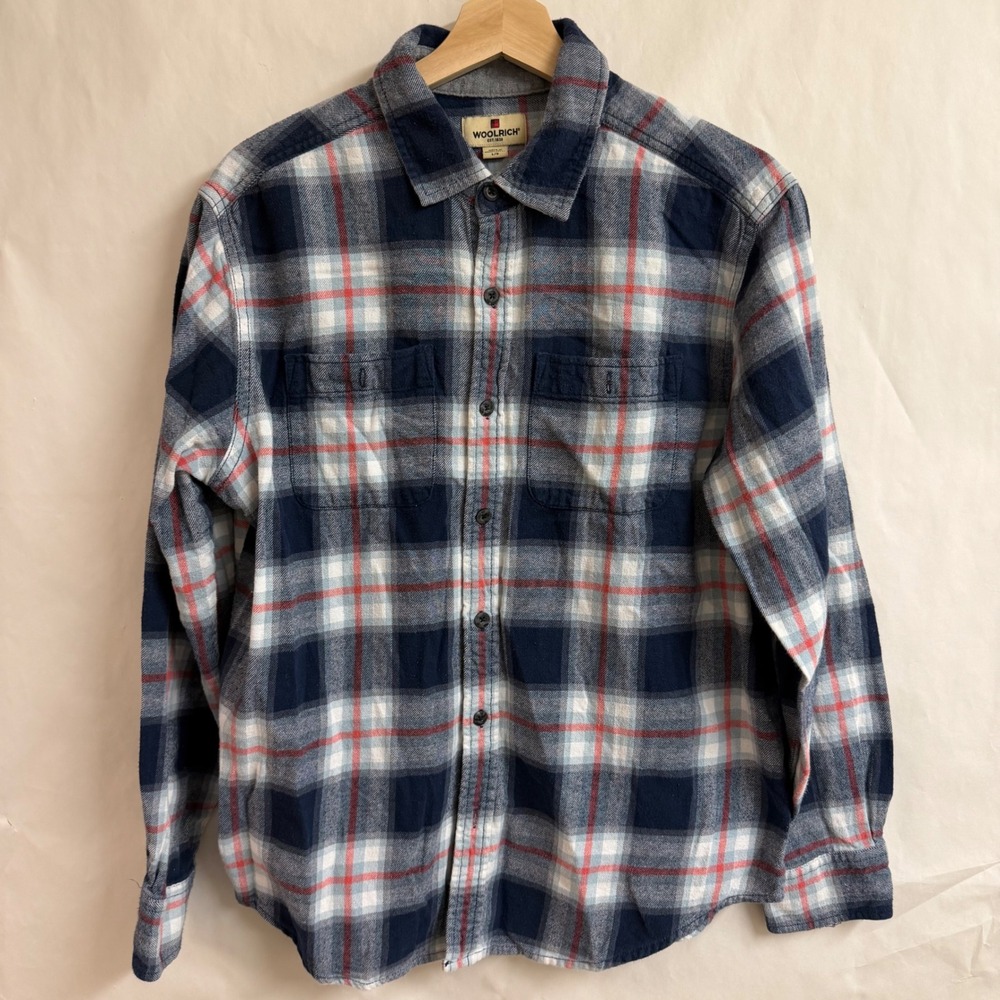 Woolrich Mens Blue White Red Plaid Cotton Flannel Button Down Shirt Large L